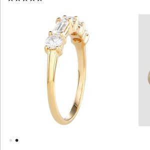 Charles & Colvard 14k gold ring. round and baguette-cut moissanite gemstones